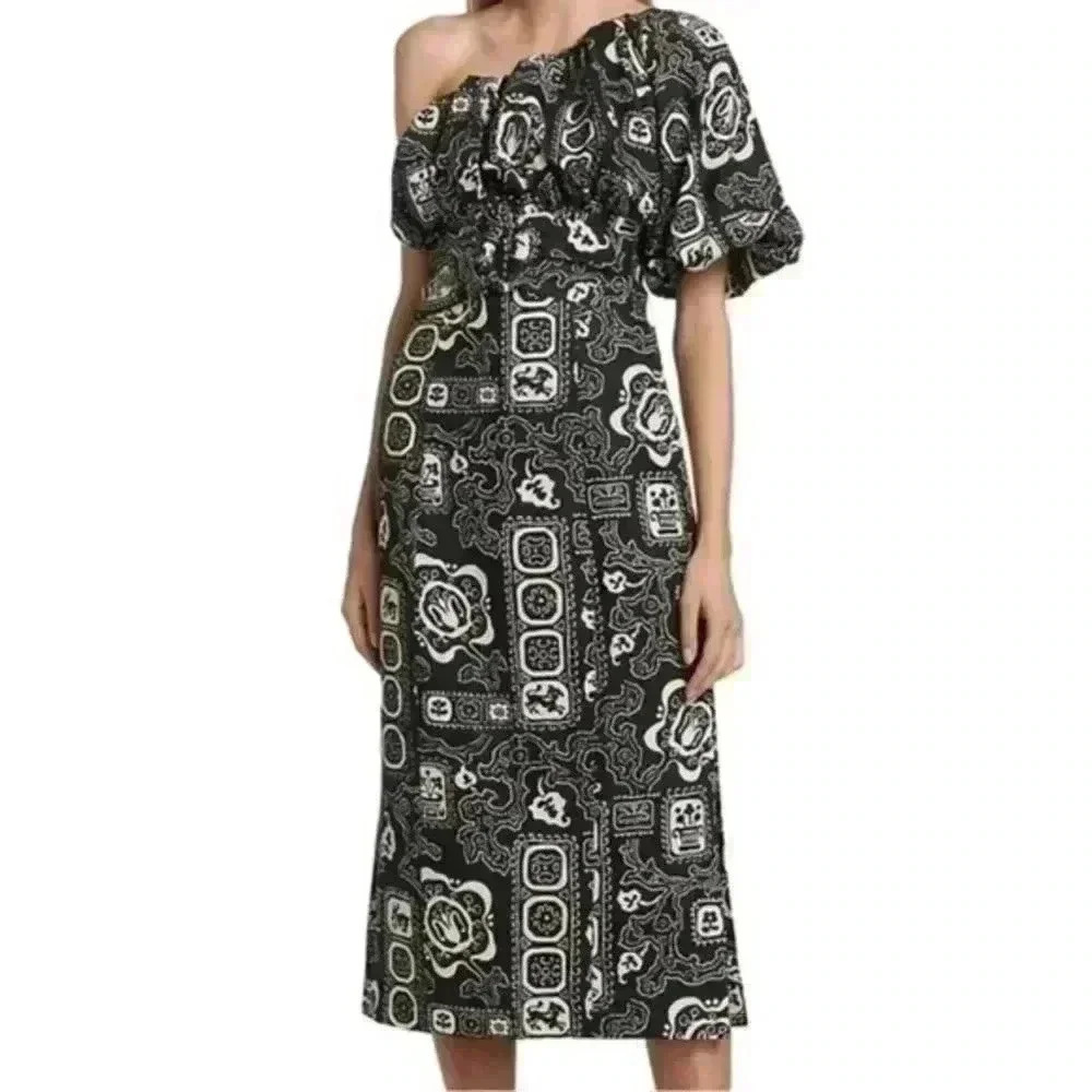 Rhode Chantelle Geometric Print Linen Off The Shoulder Midi Dress Pockets NWT 8
